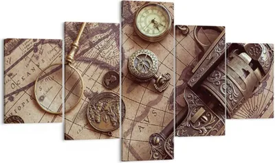 Produktbild von Bild auf Leinwand - Leinwandbild - 5 Teile - Kartographie Vintage Kompass - 125x70cm - Wand Bild - Wanddeko - Wandbilder - Leinwanddruck - Bilder - Wanddekoration - Leinwand bilder - EA125x70-4582