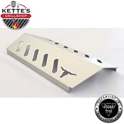 A stainless steel grill heat plate with a longhorn silhouette cutout and a logo in the top left corner.