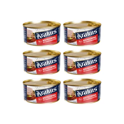 A product shot of six cans of Krakus pork.