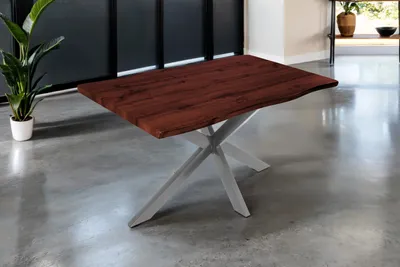 Produktbild von Esstisch 140x80 cm Baumkante Holz Nussbaum-Optik Spider-Gestell Metall silber JOSY