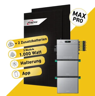 Produktbild von Balkonstrom Balkonkraftwerk 1000W Solaranlage mit Speicher | 2xZusatzspeicher | Blechdachhalterung | 2xSolarmodul | Zendure SolarFlow 2400 Pro