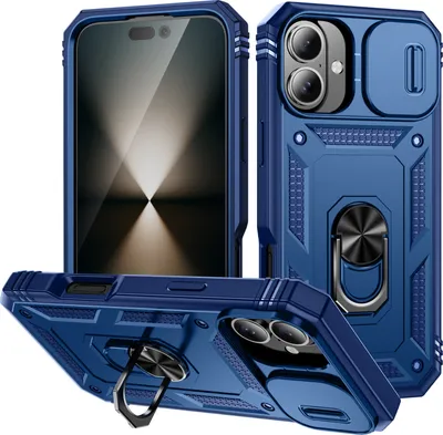 Produktbild von iPhone 17 Hülle, Schiebe Kamera Schutz Stoßfest Schutzhülle mit Ringhalterung Ständer für iPhone 17 Blau