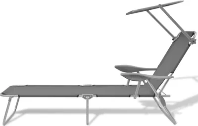 A gray sun lounger with a canopy, shown from the side against a white background.
