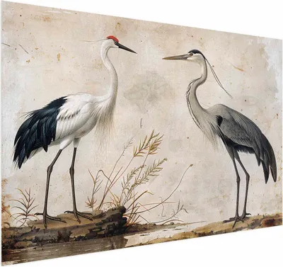 Produktbild von Posterpapier Poster - Birds from an Old Engraving - vintage-style illustration of a heron and a crane 60x40 cm Tiere g-C-10156-ao-a