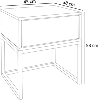 A line drawing of a white nightstand with a gold frame, showing its dimensions.