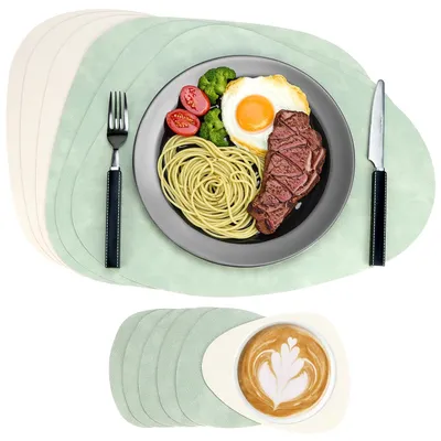 6er-Set ovale Platzsets & Untersetzer, Kunstleder, hellgrün/beige