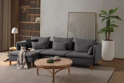 Produktbild von Hanah Home, Ecksofa Anthrazit, 285 x 150 x 100 cm | 70% HORNBEAM, 30% melaminbeschichtete Spanplatte | 100% Polyester, 8 Kissen, pflegeleicht, modulare Bauweise, 240 kg Tragfähigkeit.