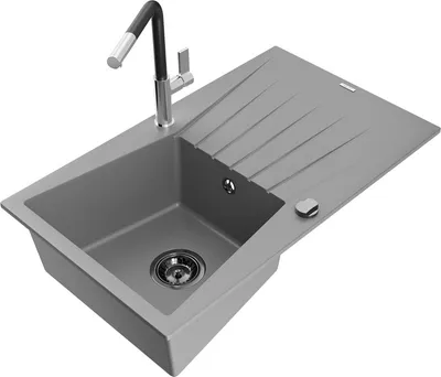 Produktbild von Mexen Cesar 1 Becken-Granitspüle mit Abtropffläche und Mischbatterie Flora, Grau - 6514-71-670401-07-B