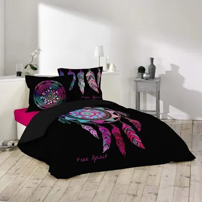 Image de Parure de lit 3 Pièces en coton "Porte bonheur" - Noir/rose - 200 x 200 cm