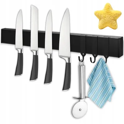 Image de Barre magnétique couteau 40cm en acier inoxydable Barre porte-couteau magnétique Porte-couteau magnétique avec 3 crochets amovibles pour couteaux Ustensiles de cuisine Outils