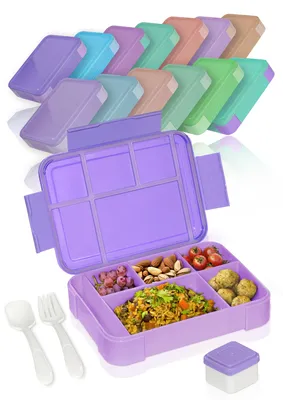 Produktbild von Deine Schulhelden Bento Box - Brotdose für Erwachsene und Kinder - Auslaufsichere Lunchbox mit Besteck & Becher - BPA frei - 1330ml (Dark Purple)