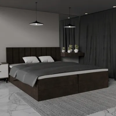 Image de QLA Meubles Lit Boxspring Bergamo 200x200 avec 2 caissons de lit, lit double avec matelas et topper, lit rembourré, lit. Couleur marron