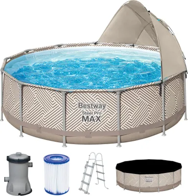 Produktbild von Bestway® Steel Pro MAX™ Frame Pool Komplett-Set mit Filterpumpe Ø 396 x 107 cm, Op Art-Design, rund