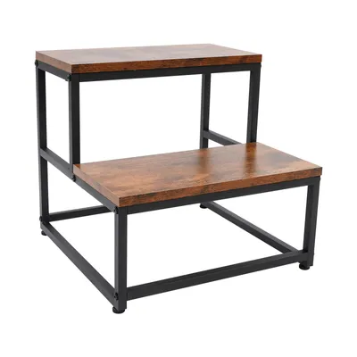 A two-step stool with a wood-grain finish and black metal frame, shown against a white background.