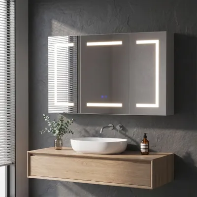Obrázek produktu pro Zrcadlová skříň INONEFT s LED osvětlením a zásuvkou, 3 dveře, skříňka do koupelny, stmívatelná, boční úložný prostor, bez mlhy, rozměry 100 × 13,5 × 60 cm
