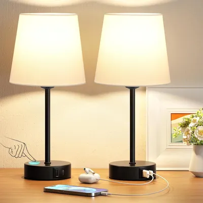 Produktbild von Nachttischlampe Touch Dimmbar 2er Set mit USB A und USB C Ladefunktion LED Tischlampe Leinen für Schlafzimmer Büro
