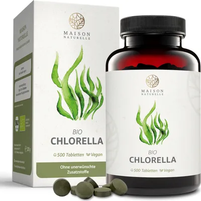 Produktbild von MAISON NATURELLE® |Chlorella Presslinge (500 Stück) - 100% reine Algen Tabletten ohne Zusätze - Hochdosiert mit 6.000mg Chlorella je Tagesdosis - 100% Vegan, Chlorell-Alge