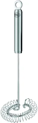 A stainless steel spiral whisk on a white background.