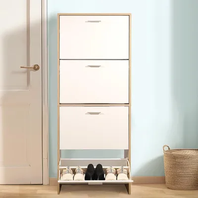 Produktbild von CASABEL Schuhschrank für 24 Paar,  Schrank mit großem Fassungsvermögen für Eingangsbereich, Flur,  L 60 x T 24 x H 150 cm,  weißes helles Holz
