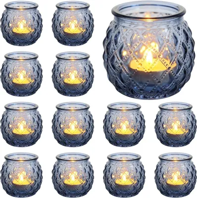 Produktbild von Teelichthalter, Glas, 12 Stück, Glasene Teelichthalter, Kerzenhalter, Teelichthalter, Vintage, Kerzenhalter für Teelichter, geeignet für Hochzeiten und Geburtstagsfeiern