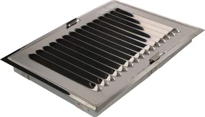 A stainless steel ventilation grille with black slats is shown against a white background.