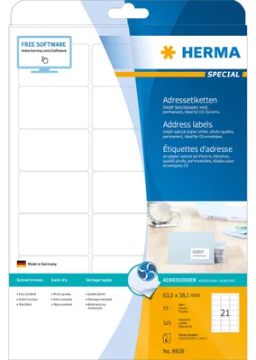 Image de Étiquettes d'adresse HERMA pour imprimantes à jet d'encre, format A4, blanches, 63,5 x 38,1 mm, 525 pièces