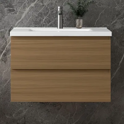 Produktbild von Waschbeckenunterschrank, Walnussfarbe Badezimmerschrank, 80x44.5x52cm, Sanfter Schluss, Badschrank, Unterschrank mit Waschbecken