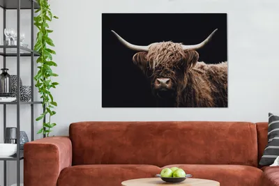 Produktbild von MuchoWow® - Leinwandbilder - Schottischer Highlander - Schwarz - Horn, Wandbild, Wanddeko Bilder Wohnzimmer, 120x90 cm