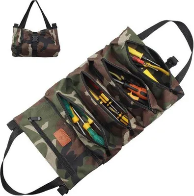 Immagine prodotto di Borsa porta attrezzi elettrica, borsa a rotolo multifunzionale in tela, piccola borsa porta attrezzi, per artigiani ed elettricisti, 5 tasche con cerniera