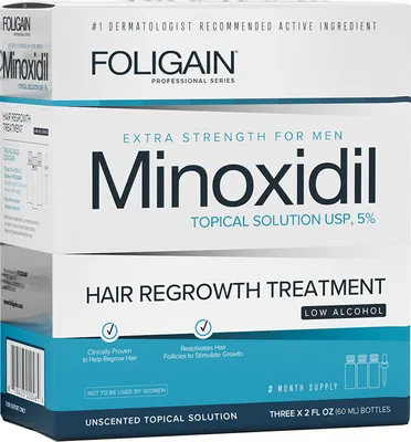 Produktbild von Haarwuchsmittel, Foligain, Minoxidil 5%, mit reduziertem Alkoholgehalt, inkl. Pipette, 3x 60ml