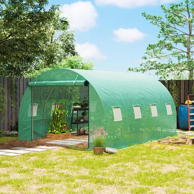 Produktbild von Sweiko Polytunnel Gewächshaus mit Kunststoff-Abdeckung und Stahlrahmen, begehbares Gewächshauszelt mit Rolltüren, Grün