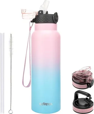 Productafbeelding van Geïsoleerde Waterfles 750ml met Rietje - Dubbelwandig, Lekvrij, Roestvrij Staal, BPA Gratis