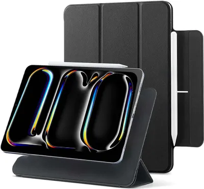 A black iPad case with a stand and a stylus holder, displaying a tablet with a colorful abstract wallpaper.