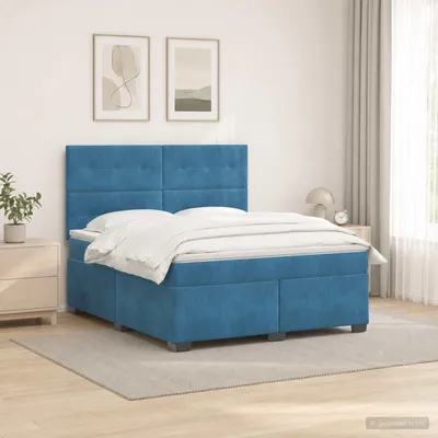 Image de Lit boxspring avec matelas et tête de lit bleu, 140 x 190 cm, revêtement en velours