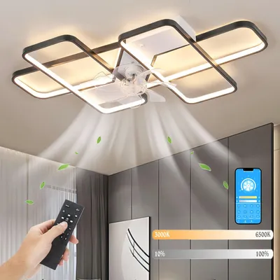 Produktbild von 55W Geometrische LED Deckenleuchte mit Fan, Luftzirkulations Deckenventilator 90cm, Dimmbar mit APP, Metall LED Deckenleuchte für Wohnzimmer