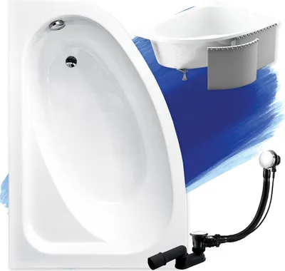 Image de Baignoire d'angle 150x100 gauche avec revêtement en polystyrène, écoulement & pieds S | Set complet 4in1 baignoire originale acrylique siphon | BADLAND CORNEA