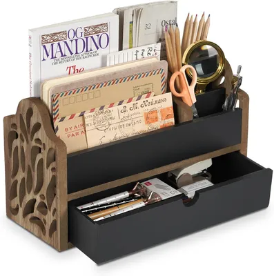 Immagine prodotto di Organizzatore da scrivania in legno, con cassetto, 5 scomparti, dimensioni 31 x 19 x 13 cm, colore marrone, ideale per l'ufficio