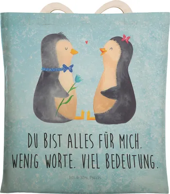 Produktbild von Mr. & Mrs. Panda Tote Bag Pinguin Pärchen - Eisblau - Geschenk, Hochzeit, Hochzeitstag, Tasche, Stoffbeutel, shopping, Stofftragetasche, Beuteltasche, Liebe, glücklich