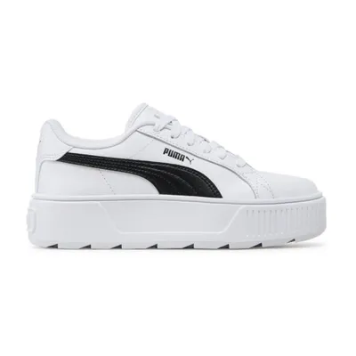 A white Puma sneaker with a black stripe and a thick white sole, shown from the side against a white background.
