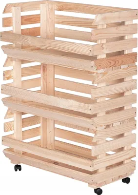 Obrázok produktu pre STOLMAK Drevená debnička na ovocie a zeleninu 57 x 79 x 30 cm, regál na zemiaky, 3 úrovne, kolieska, prírodné drevo