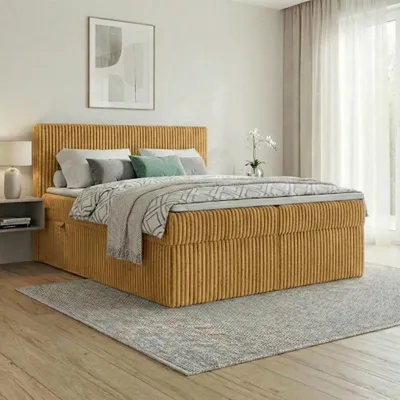 Produktbild von Boxspringbett RALF  140 x 200 cm mit Bettkasten, Topper und gepolstertem Kopfteil. Farbe:  Gelb, Härtegraden:  H2 , Topper: T25-Topper