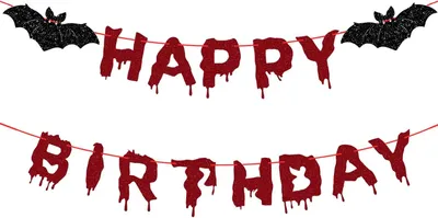 Immagine prodotto di Striscione scintillante "Buon Compleanno" a tema Halloween - Decorazioni per feste horror - Accessori per feste di compleanno a tema Halloween - Rosso