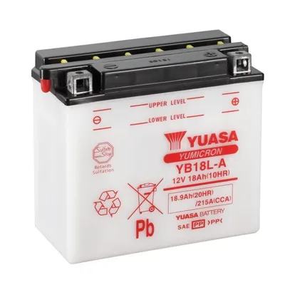 A white Yuasa YB18L-A motorcycle battery is shown against a white background.