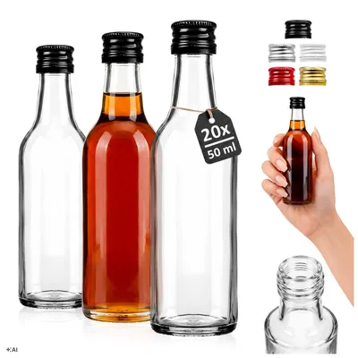 Zdjęcie produktu dla SUPERBUTELKI - 20 szt. Butelki szklane na alkohol 50 ml - Butelka MONOPOL 50 ml na wódkę, bimber, soki, prezent, wesele, Obraz wygenerowany przez AI