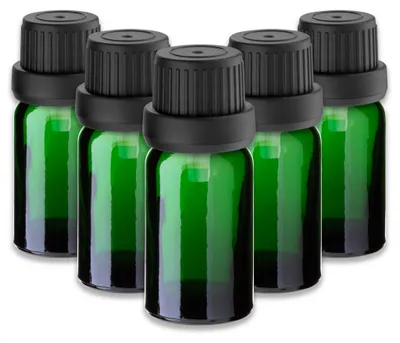 Produktbild von 5x Grüne Glasflasche 10 ml mit schwarzem Tropfer – Tropfeinsatz leer