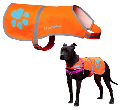 Productafbeelding van SafetyPUP XD Hondenwaarschuwingvest, verkrijgbaar in verschillende maten, geschikt voor honden van 14 lbs tot 130 lbs, oranje kleur