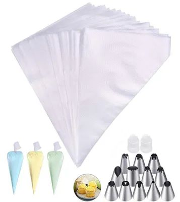 Immagine prodotto di 100 sacchetti per decorazioni monouso, con 12 bocchette in acciaio inossidabile, ideali per decorare torte e dolci