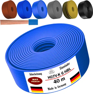 Immagine prodotto di Cavo di alimentazione da 40 metri, tipo H07 V-K, sezione 1x6 mm², colore azzurro chiaro, monofilo, flessibile