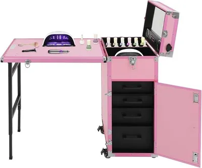 Zdjęcie produktu dla Mobilny stolik do manicure z 4 szufladami, wózek kosmetyczny | składany, z kółkami, stolik roboczy, salon kosmetyczny, miejsce do makijażu, przenośny, szuflady, przechowywanie