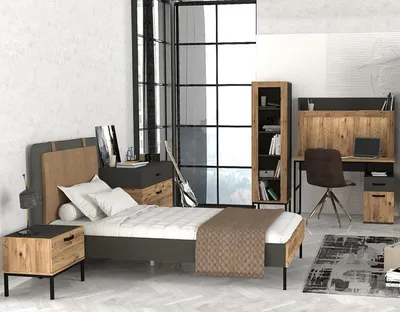 Produktbild von Jugendzimmer Set Bett Nachttisch Kommode Bücherregal Schreibtisch 5tlg